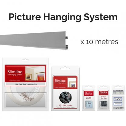 Picture Hanging System – Slimline, Silver, Clear Tape Picture Hanging Systems - 10 metres of silver track, 10 clear tape droppers, 10 hooks, wall anchors, end caps and HangRight Clips