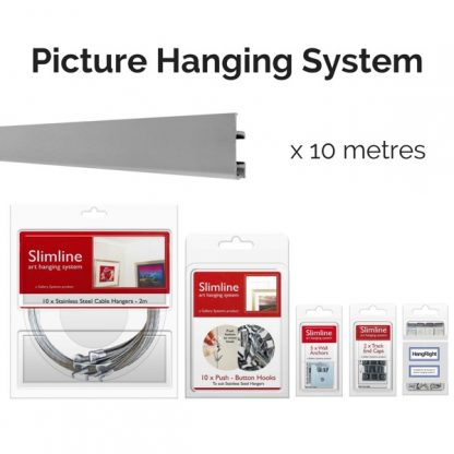 Picture Hanging System – Slimline, Silver, Stainless Steel Picture Hanging Systems - 10 metres of silver track, 10 stainless steel droppers, 10 push button hooks, wall anchors, end caps and HangRight Clips