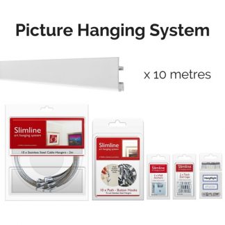 Picture Hanging Systems - 10 metres of white track, 10 stainless steel droppers, 10 push button hooks, wall anchors, end caps and HangRight Clips