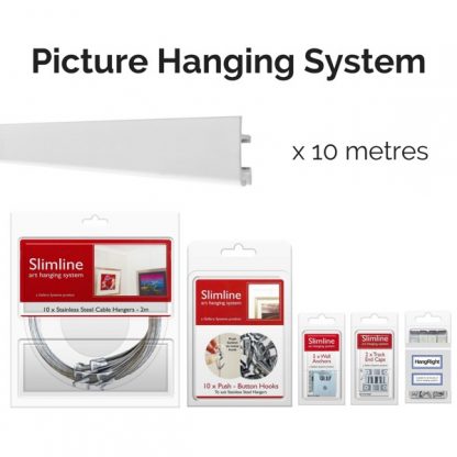 Picture Hanging System – Slimline, White, Stainless Steel Picture Hanging Systems - 10 metres of white track, 10 stainless steel droppers, 10 push button hooks, wall anchors, end caps and HangRight Clips